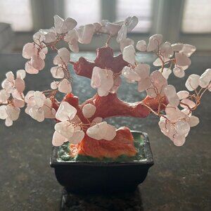 Feng Shui Natural Rose Pink Quartz Crystal Money Tree Bonsai Style Decoration